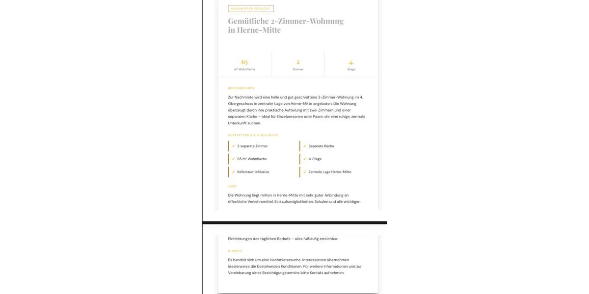 Etagenwohnung Herne - 2 Zimmer, 65 m&sup2;, 660&euro; | Angebot:26680684
